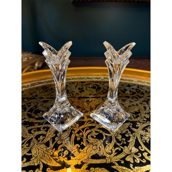 Mikasa Lead Crystal Candle Holders – Art Deco Style Pair, 5.5\